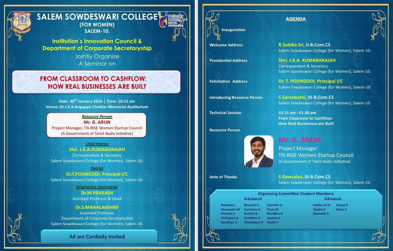 SW2025_26_IIC AND DEPARTMENT OF CORPORATE SECRETARYSHIP JOINTLY ORGANISED A SEMINAR ON “FROM CLASSROOM TO CASHFLOW: HOW REAL BUSINESSES ARE BUILT” ON 30.01.2026